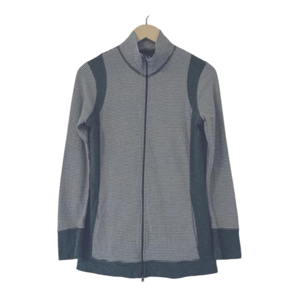 Eddie Bauer Women's Medium Striped Gray Zipper Long Sleeve Sweater Light Jacket